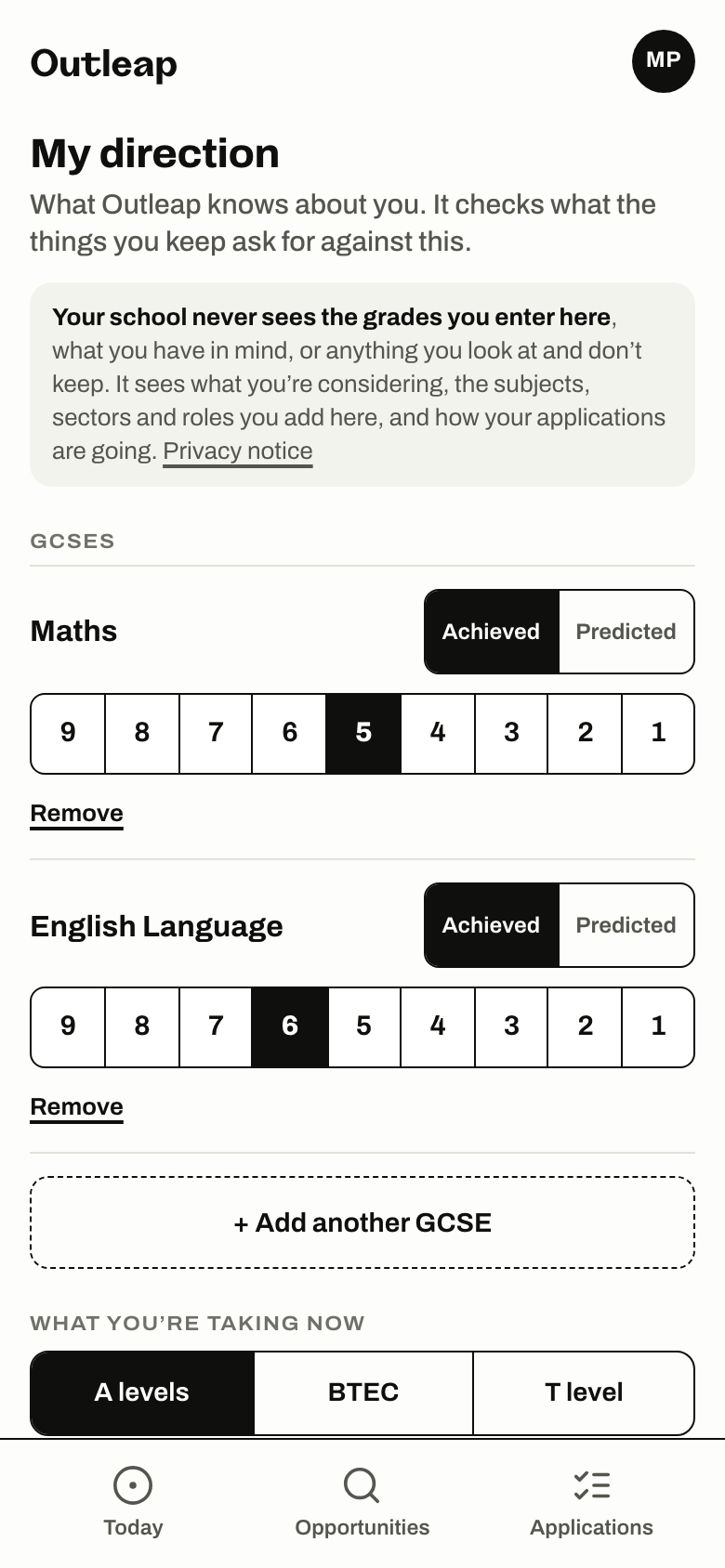Maya’s My direction screen in Outleap: the GCSE grades she has entered, under a note that her school never sees the grades she enters.