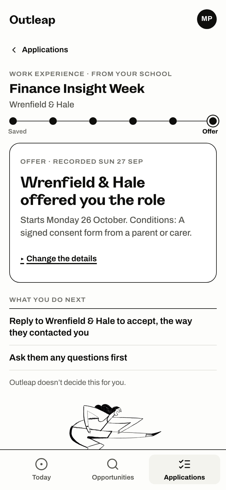 Maya’s offer in Outleap, for an opportunity her school published: the offer recorded, and what to do next.