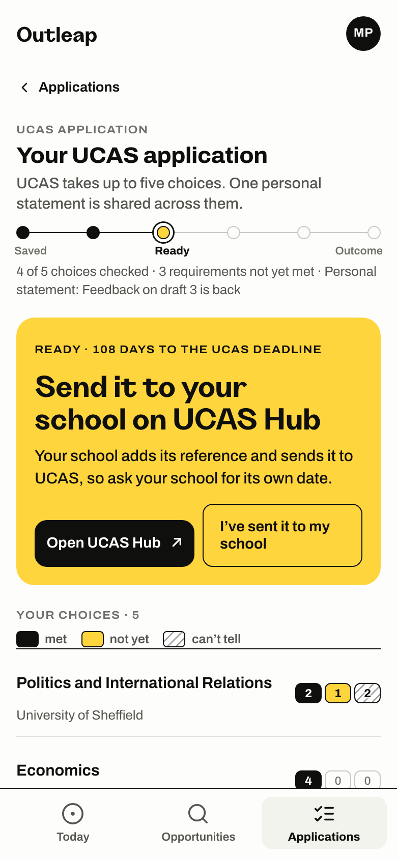 Maya’s UCAS application in Outleap, ready to send: the button to UCAS Hub, where she sends it to her school, and the button to tell Outleap once she has.